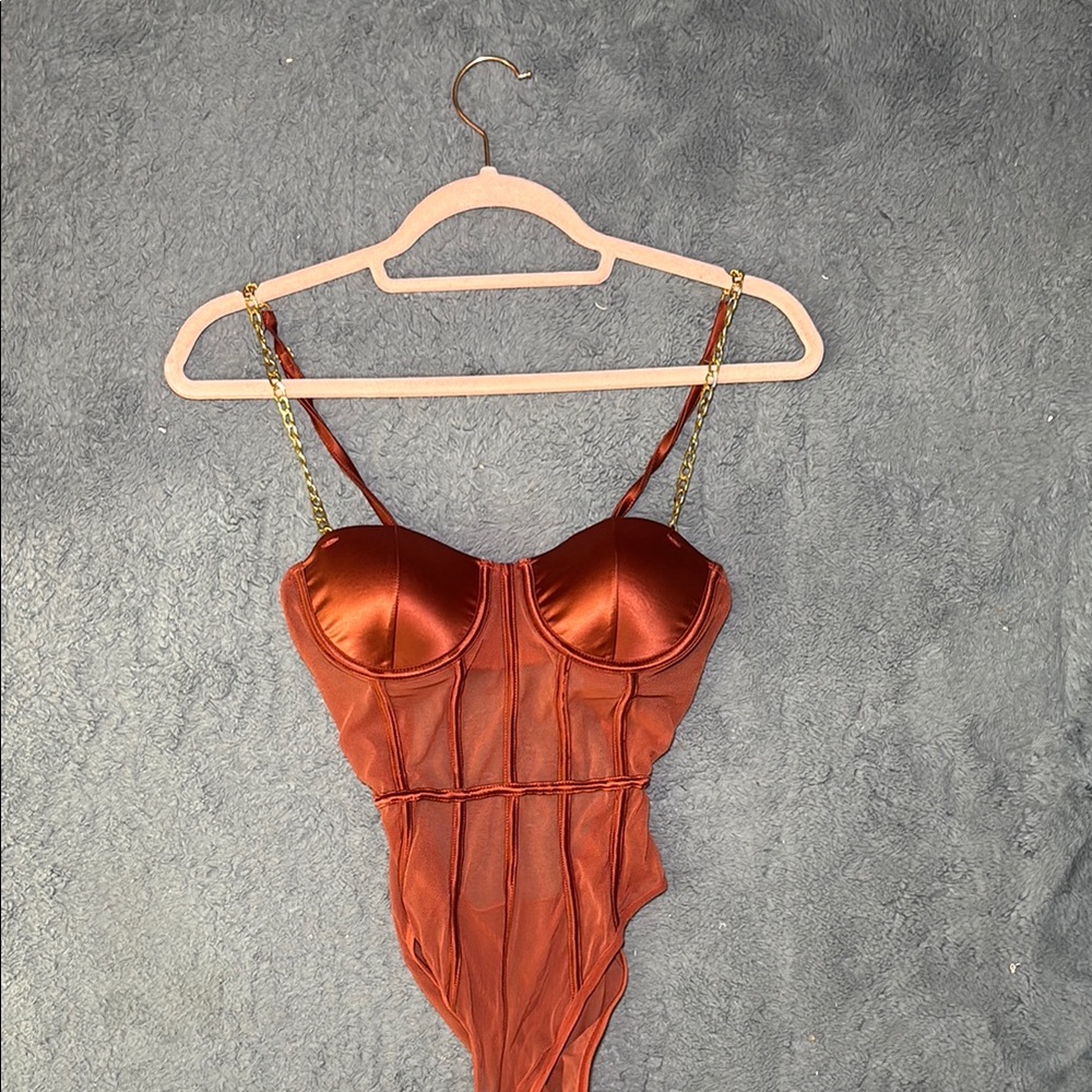 Brown Bodysuit with Bustier Top and High-Cut Legs
